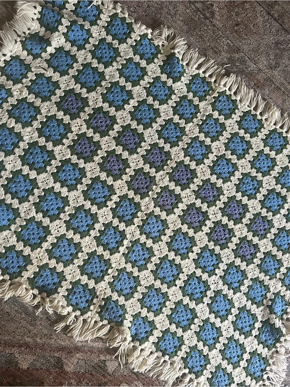 Handmade Crochet Throw Blanket in Blue, Green & Cream fringe edge